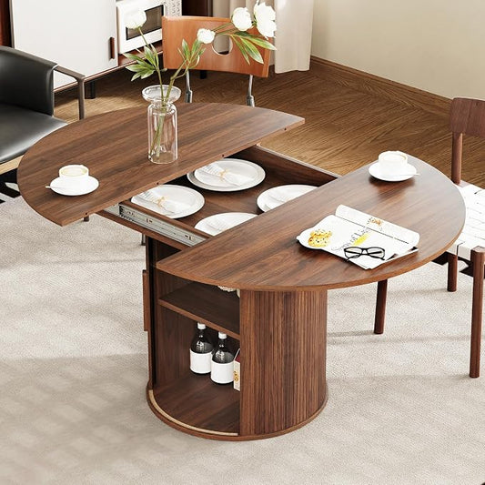 weselon 43"-59" Extendable Round to Oval Dining Table with Hidden Storage, Modern Wooden Kitchen Table with Fluted Sliding Door Cabinet, Expandable Dinner Table for Dining Room Living Room (Walnut)