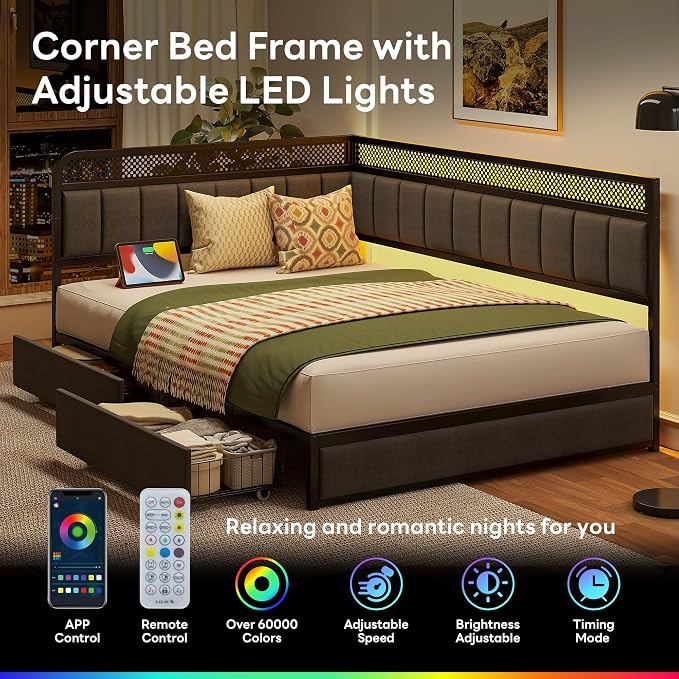 LIKIMIO Full Corner Bed Frame, Modern Daybed with Upholstered Guardrail | Under-Bed Storage Drawers, Built-in Charging Station, Adjustable Smart LED Lights, Gray
