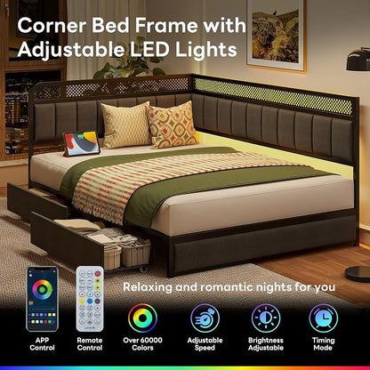 LIKIMIO Full Corner Bed Frame, Modern Daybed with Upholstered Guardrail | Under-Bed Storage Drawers, Built-in Charging Station, Adjustable Smart LED Lights, Gray