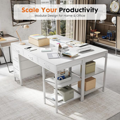 Sweetcrispy 55" Computer Desk with 6 Drawers, Home Office Gaming Desks with Storage Shelves for Bedroom, Writing Study Corner Living Room Work Table White