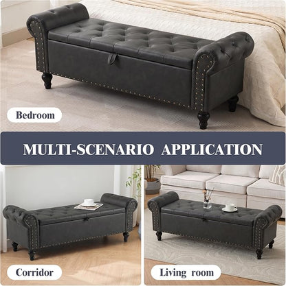 55" Storage Bench for Bedroom, Upholstered Ottoman Bench, Leather DarkGray | End of Bed Bench for Bedroom, Window Benches for Living Room, Entryway, Ottoman with Large Storage Space, Pet Friendly