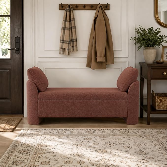Usaint 58.3" Storage Ottoman Bench with Pillows, Upholstered End of Bed Bench with Arms, Footrest Stool Bench for Bedroom, Living, Window, Entryway and Hallway, Green, Rusty Red