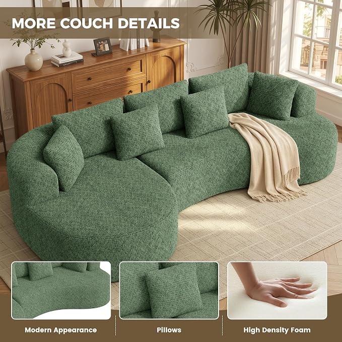126" Oversized Curved Sectional Sofa for Living Room, Boneless Modern Couch with Chaise, Cloud Couch with 7 Pillows, No Assembly, Green 1PCS
