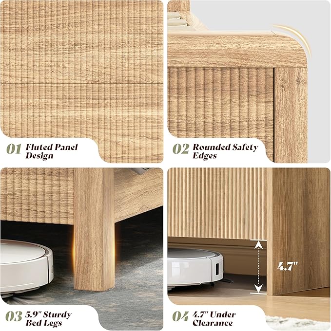 AMERLIFE 3-Piece Modern Fluted Bedroom Furniture Set, Including Wood King Size Bed Frame with Headboard & Footboard and Storage Night Stand Set of 2, Wooden Bedframe and Nightstand Sets, Natural Oak