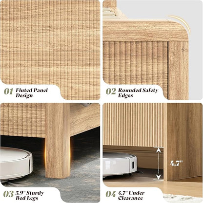 AMERLIFE 3-Piece Modern Fluted Bedroom Furniture Set, Including Wood Queen Size Bed Frame with Headboard & Footboard and Storage Night Stand Set of 2, Wooden Bedframe and Nightstand Sets, Natural Oak