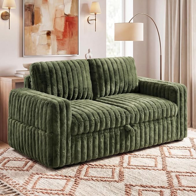 HONBAY Plush Corduroy Loveseat Sleeper Sofa,Modular Pull Out Sofa Bed,Couches for Living Room,Plush Green