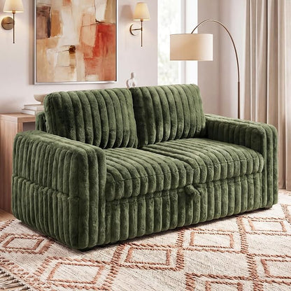 HONBAY Plush Corduroy Loveseat Sleeper Sofa,Modular Pull Out Sofa Bed,Couches for Living Room,Plush Green