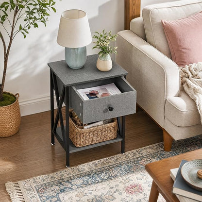 VECELO Nightstands Set of 2, Modern Bedside End Tables, Night Stands with Drawer and Storage Shelf for Living Room Bedroom, Industrial Metal Frame