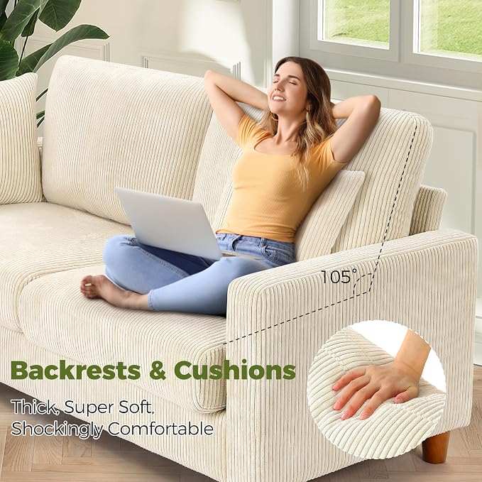 Kidirect 70in L Shaped Couch, Modular Sofa No Tool Assembly, Comfy Sectional Couches for Living Room 21in Deeper Seats, Corduroy Sofas for Living Room with 2 Pillows, Loveseat Sofa Set, Beige Couch