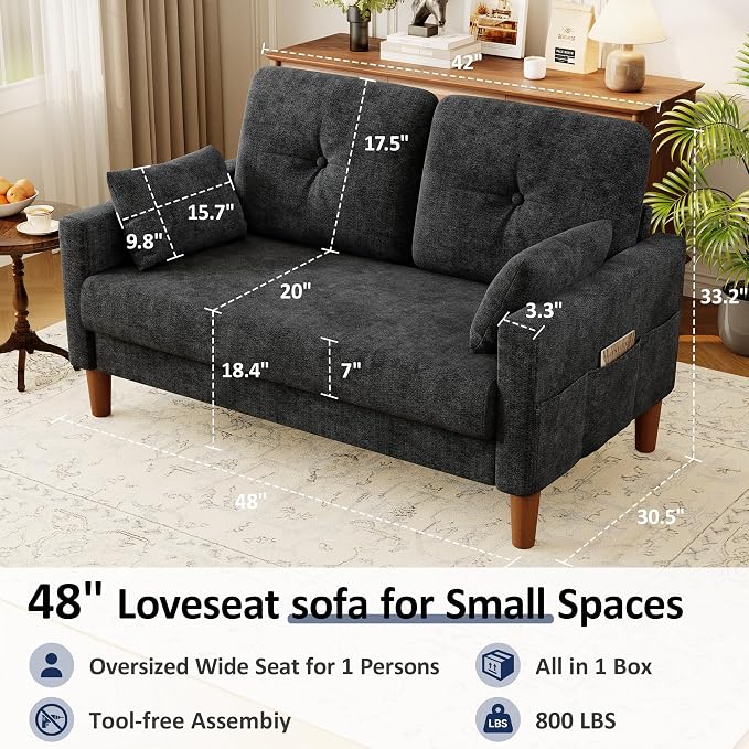 Vipbear 48" Loveseat Sofa,Modern Small Couches for Small Spaces,Black Chenille Love Seat Couch for Living Room,Bedroom,Apartment,Office,Deep Seat,Throw Pillow,Side Pockets,Square Armrest