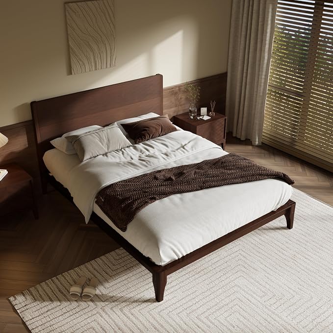 Merax Queen Size Bamboo Platform Bed, Mid-Century Modern Bed Frame with Tall Headboard, Solid Sustainable Bedframe Queen-Size, Wood Slat Support, No Box Spring Needed, Easy Assembly, Espresso