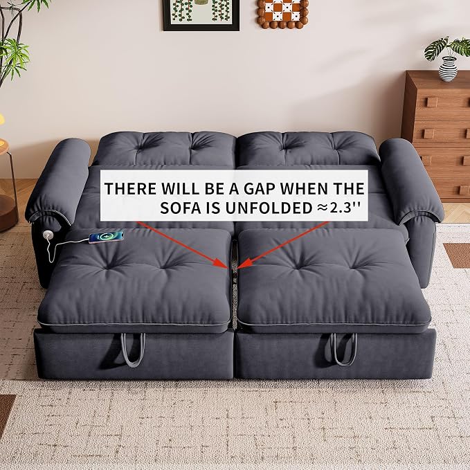 77.2'' Pull Out Couch Full Size, Pre-Assembled Sleeper Sofa Bed, Flannel Convertible Futon Sofa Bed with Adjustable Backrest, USB, Side Pockets, Loveseat for Living Room, Apartment, Dark Grey