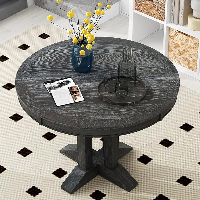 Ball & Cast Farmhouse Extendable Dining Table for 4-6, 42"-56" Extendable Kitchen-Table with a 14" Leaf, Round Ellipse Retro Wood Dining Room-Table w/Removable Leaves,Space Saving, Espresso