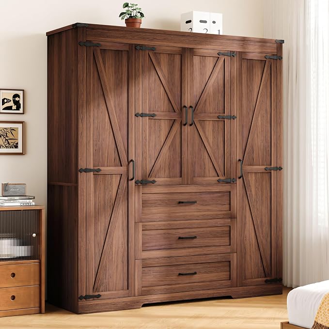 70" Tall Armoire Wardrobe Closet with 4 Doors & 3 Drawers, Farmhouse Bedroom Storage Cabinet with Hanging Rod, Freestanding Wooden Armoire Wardrobe Closet, Brown