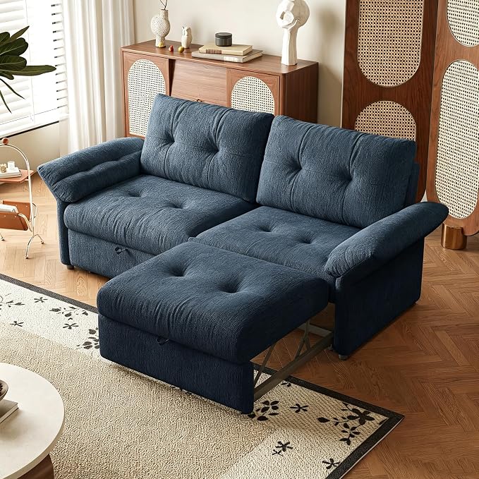 81.5'' Full Sleeper Sofa, Pre-Assembled, Chenille Pull Out Couches Bed, 3-in-1 Convertible Sofa, Adjustable Backrest, Small Loveseat for Small Space, Living Room, Apartment, Chenille Blue