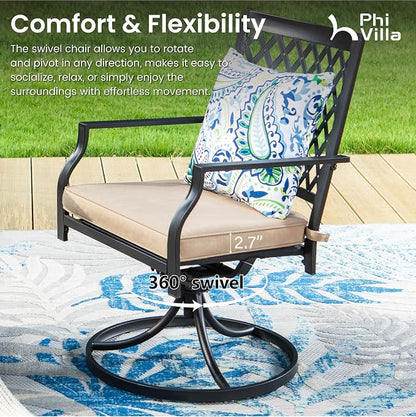 PHI VILLA 9 Pieces Outdoor Dining Set for 8, 60" Square Metal Steel Table with Wood-Like Tabletop & Swivel Wrought Iron Chairs with Cushions, Large Outside Furniture Set for Patio, Deck, Yard, Porch