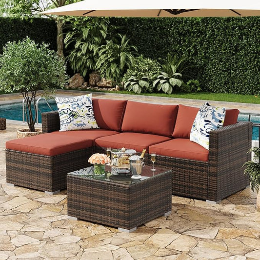 5-Piece Outdoor Sectional Sofa Set, All-Weather PE Rattan Patio Furniture with Ottoman & Tempered Glass Table, Convertible Garden Couch for Backyard, Porch, Poolside (Brown/Wine Red)