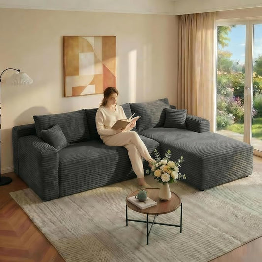 JINGLING 94" L Shape Couch with Right Chaise, Memory Foam Boneless Sectional Sofa in a Box, No Assembly Modular Small Couches for Small Spaces, Living Room, Apartments, Plush Corduroy, Dark Grey