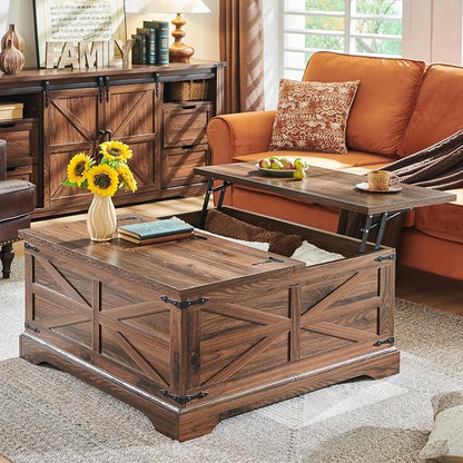JXQTLINGMU Farmhouse Lift Top Coffee Table with Large Storage, 36" Square Wood Living Room Table with Hidden Compartment, Lift Tabletop Dining Table for Home, Brown