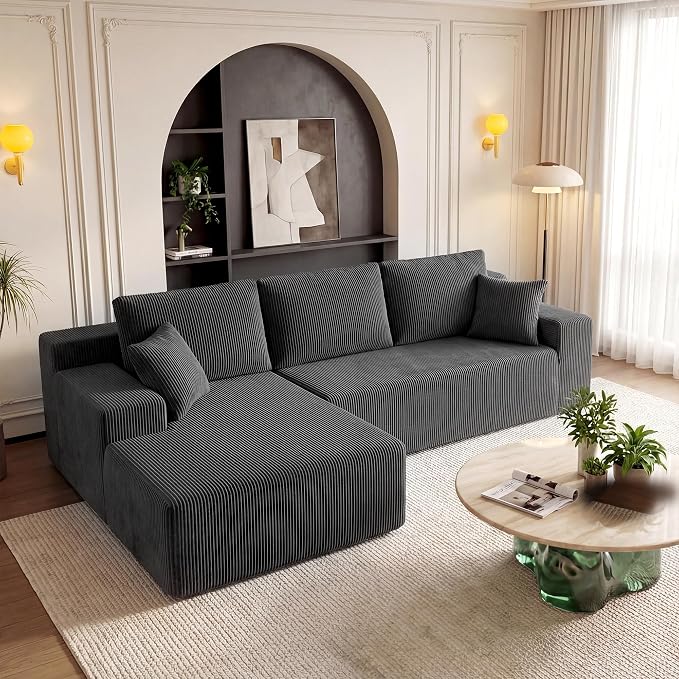 GRUSIGN Cloud Sectional Boneless Couches for Living Room, Modular L Shaped Couch with Deep Seat Oversized Left Facing Chaise, Memory Foam Compressed Spineless 3 Seater Sofa for Apartment, Grey