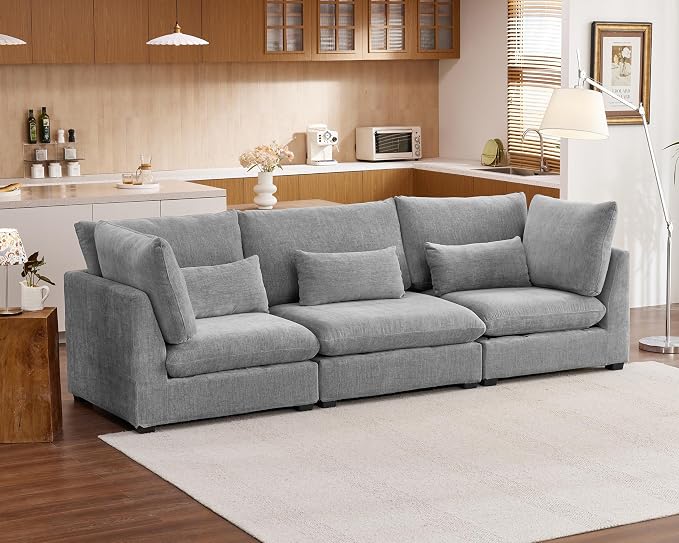 115" Oversized Chenille Couch Modular Sectional Sofa, Washable Cloud Couch Sectional, 3 Seater Sectional Couches for Living Room, Fully Cover Removable, Basic 3 Seater, Chenille, Grey