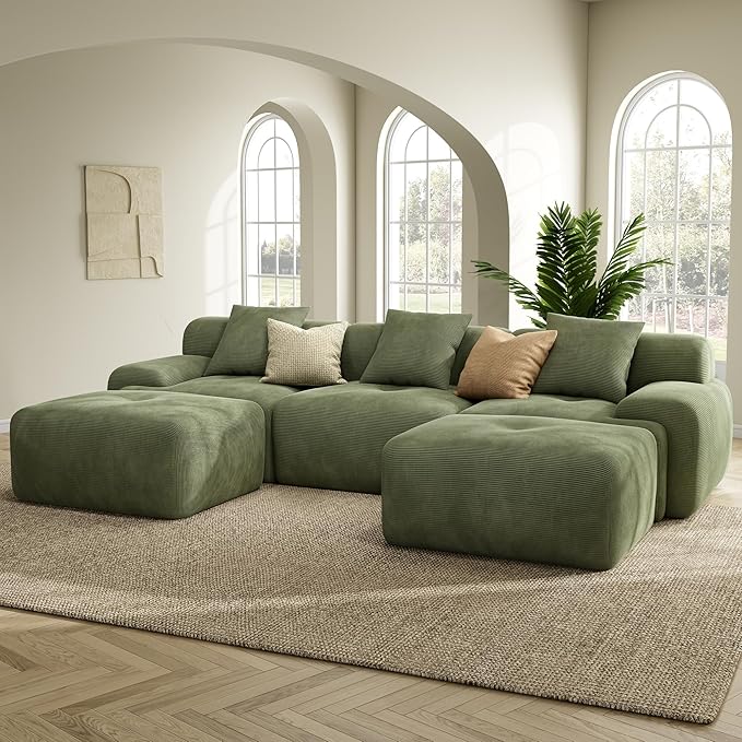 LIKIMIO LumiCord 118" Tufted Modular Sectional Sofa, Modern U-Shaped Boneless Couch for Living Room, 26.8" Deep Seat, 18.1" High Seating, 15" Wide Armrest, Corduroy, Olive Green