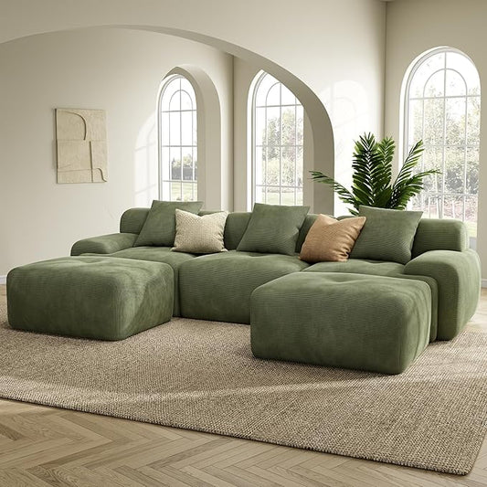 LIKIMIO LumiCord 118" Tufted Modular Sectional Sofa, Modern U-Shaped Boneless Couch for Living Room, 26.8" Deep Seat, 18.1" High Seating, 15" Wide Armrest, Corduroy, Olive Green