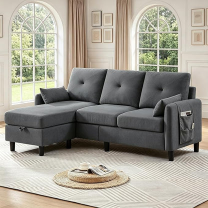 Convertible L-Shaped Sectional Sofa, 3-Seat Sofa Couches with Storage Ottoman & 2 Pillows and Side Storage Pockage, Small Modern Couch for Living Room, Apartment and Office, Dark Grey