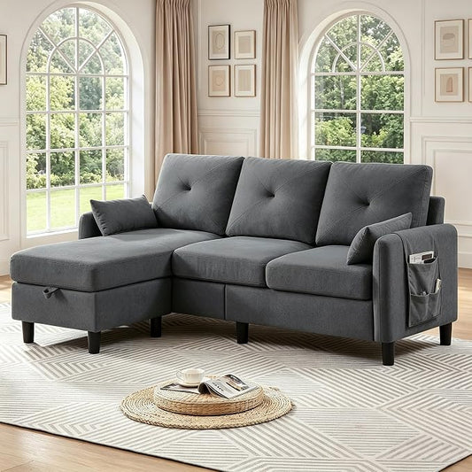 Convertible L-Shaped Sectional Sofa, 3-Seat Sofa Couches with Storage Ottoman & 2 Pillows and Side Storage Pockage, Small Modern Couch for Living Room, Apartment and Office, Dark Grey