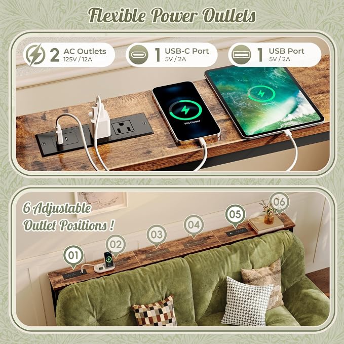 Huuger 78.7 Inch Sofa Table with Power Outlets, 23.9’’-34.4’’ Height Adjustable Range, Behind Couch Table with USB-C Ports, Sofa Tables Narrow Long, Skinny Console Table, Small Spaces, Rustic Brown