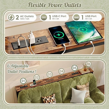 Huuger 78.7 Inch Sofa Table with Power Outlets, 23.9’’-34.4’’ Height Adjustable Range, Behind Couch Table with USB-C Ports, Sofa Tables Narrow Long, Skinny Console Table, Small Spaces, Rustic Brown