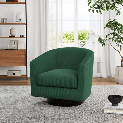 Swivel Accent Chair, Upholstered Corduroy Barrel Chair for Living Room, Small Single Sofa Bedroom Reading Seat, Dark Green