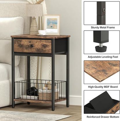 Night Stand Set 2, Night Stand with Drawers, Industrial nightstand, Nightstand with Fabric Bins, Bedside Table End Table for Bedroom, Closet, Entryway, College Dorm, Rustic Brown LNT0061BR2