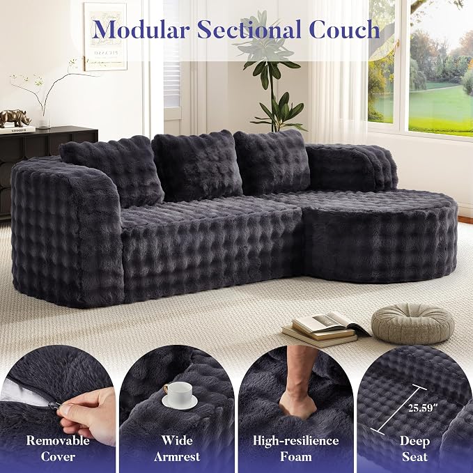 Hobestluk Modular Sectional Sofa Couches L-Shape Couch 3 Seat Modular Sofa Memory Foam Sectional Couches for Living Room, Cloud Couch (Round Ash Grey, 96", Left Hand Facing)