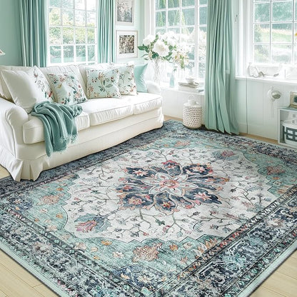 RELEANY Area Rugs 6'x8' Washable Non-Slip, Floral Vintage Distress Medallion Carpet for Living Room Bedroom Dining Room, Green Navy Blue White Red Teal