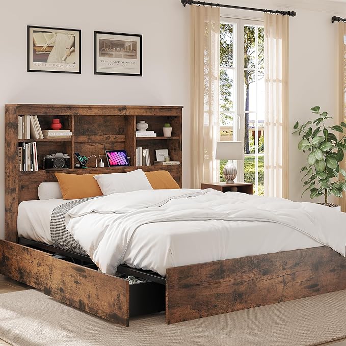 GarveeHome King Size Bed Frame with High Storage Bookcase Headboard, Wood Bed Frame with 4 Storage Drawers, Built in Charging Station, No Box Spring Needed, Metal Frame, Noise-Free, Vintage Brown