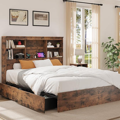 GarveeHome King Size Bed Frame with High Storage Bookcase Headboard, Wood Bed Frame with 4 Storage Drawers, Built in Charging Station, No Box Spring Needed, Metal Frame, Noise-Free, Vintage Brown
