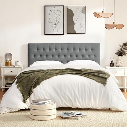 Tufted Upholstered Headboard Queen Size, Adjustable Height 37- 51 in, Gray | Sturdy and Durable Solid Wood Bed Headboard, Fabric Queen Headboard Only, Modern Button Diamond Design Head Board
