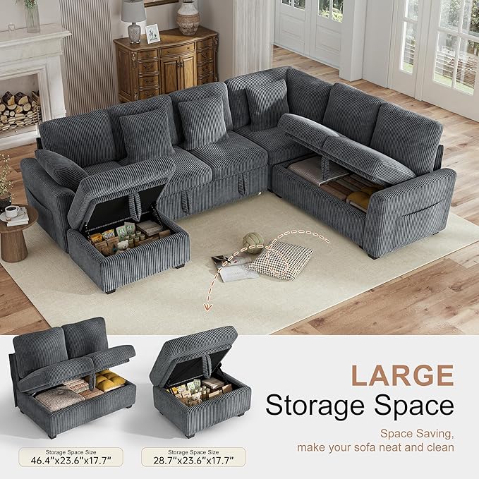 Hanherry 106" Sectional Sofa with Pull Out Couch Bed,6 Seater Corduroy Sleeper Sofa with Storage Ottoman & USB Charging,Comfy L Shaped Modular Couches for Living Room,Apartment