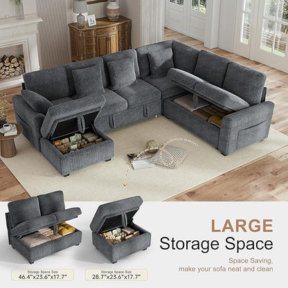 Hanherry 106" Sectional Sofa with Pull Out Couch Bed,6 Seater Corduroy Sleeper Sofa with Storage Ottoman & USB Charging,Comfy L Shaped Modular Couches for Living Room,Apartment