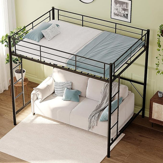 VINGLI Full Size Loft Bed Kids Loft with 2 Stairs Design,Space-Saving Double Bed for Teens, Adults, Heavy Duty Metal Square Slat, No Box Spring Needed,Black