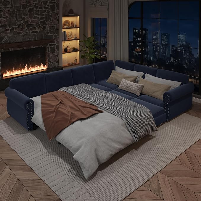 118" L-Shaped Sleeper Couch Bed - Oversize Convertible with Pull-Out Sofa Bed, Button Tufted Chesterfield Sofa, Chenille Sectional Vintage Couches for Living Room/Apartment(6-Seater, Blue) | Oversize Convertible