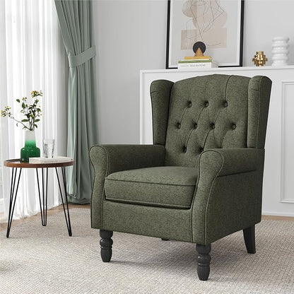 Wingback Accent Chair, Button-Tufted High Back Armchair for Living Room, Upholstered Wingback Chair with Solid Wood Legs, Comfy Single Sofa Reading Chair for Bedroom, Green