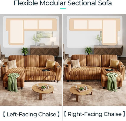 LINSY HOME Sectional Sleeper Sofa with Storage Chaise & USB Charging, Convertible Pull Out Couch Bed Plush Corduroy Modular Sectional Couches for Living Room Apartment (Brown)