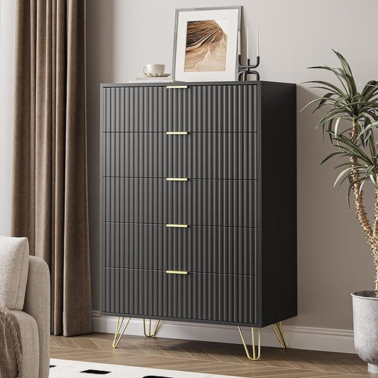 MAISONARIA 5 Drawers Dresser for Bedroom, 47" Tall Modern Chest of Drawers with Gold Handle, Fluted Wood Dresser for Bedroom, Living Room, Hallway, Entryway, Black
