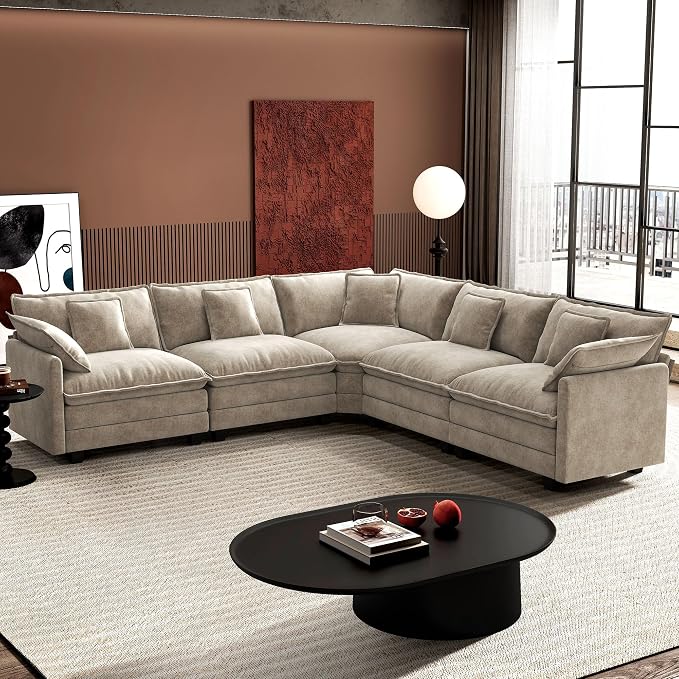 Ihanherry 114" V-Shaped Modern Sofa Modular Sectional Luxurious and Comfortable with Corner Section, 5-Seat Chenille Deep Seat Sofa with 5 Pillows for Living Room, Bedroom and Apartment, Sand