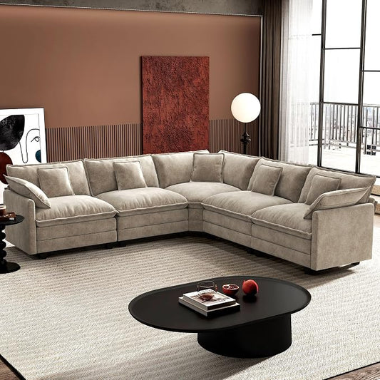 Ihanherry 114" V-Shaped Modern Sofa Modular Sectional Luxurious and Comfortable with Corner Section, 5-Seat Chenille Deep Seat Sofa with 5 Pillows for Living Room, Bedroom and Apartment, Sand