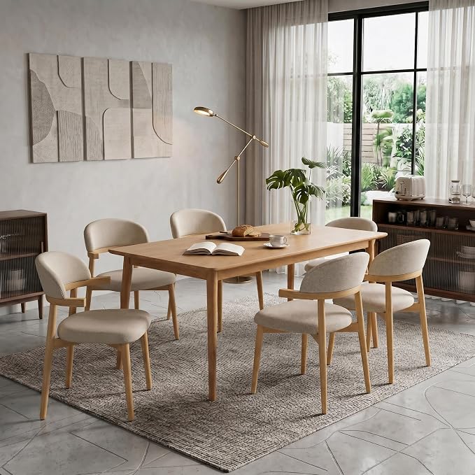 MOJAY Dining Chairs Set of 2 Natural Oak, Linen Beige with Curved Armrests