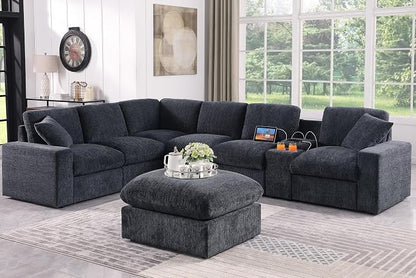 Ball & Cast 127" Oversized Modular L-Shaped Sectional Sofa,Large Chenille Upholstered Couch 7 Seat with Ottoman,Cup Holder&USB Port,Comfty Sectionals W/Pillows&Storage Box,for Living Room,Dark Gray