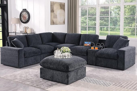 Ball & Cast 127" Oversized Modular L-Shaped Sectional Sofa,Large Chenille Upholstered Couch 7 Seat with Ottoman,Cup Holder&USB Port,Comfty Sectionals W/Pillows&Storage Box,for Living Room,Dark Gray